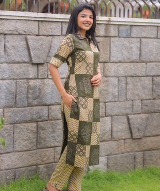 Olive Mosaic Cotton Co-Ord Set with Pockets for Women