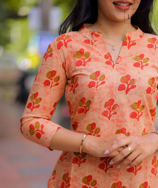 Mandarin Orange Floral Handblock Cotton Short Top