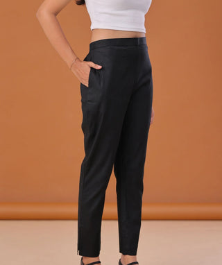 Midnight Black Cotton Lycra Ready-to-Wear Bottom with Pockets