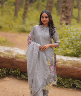 Misty Sage Blossom Hand Embroidered Muslin 3 Piece Set