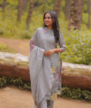 Misty Sage Blossom Hand Embroidered Muslin 3 Piece Set