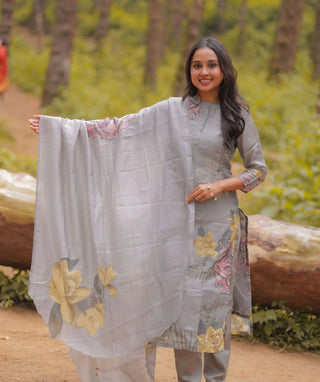Misty Sage Blossom Hand Embroidered Muslin 3 Piece Set