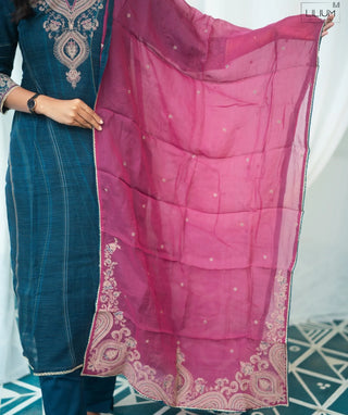 Midnight Peacock Blue Embroidered Organza 3 Piece Set