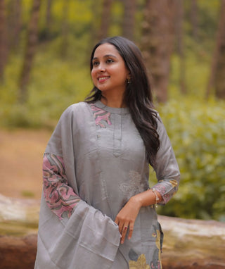 Misty Sage Blossom Hand Embroidered Muslin 3 Piece Set