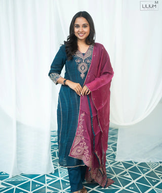 Midnight Peacock Blue Embroidered Organza 3 Piece Set
