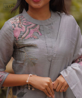 Misty Sage Blossom Hand Embroidered Muslin 3 Piece Set
