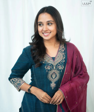 Midnight Peacock Blue Embroidered Organza 3 Piece Set