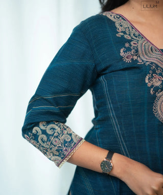 Midnight Peacock Blue Embroidered Organza 3 Piece Set