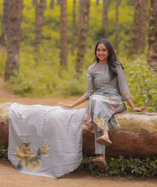 Misty Sage Blossom Hand Embroidered Muslin 3 Piece Set