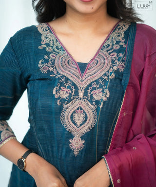 Midnight Peacock Blue Embroidered Organza 3 Piece Set