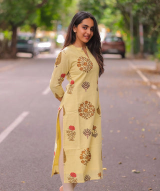 Chic Buttercream Blossom Cotton Kurti for Daily Wear