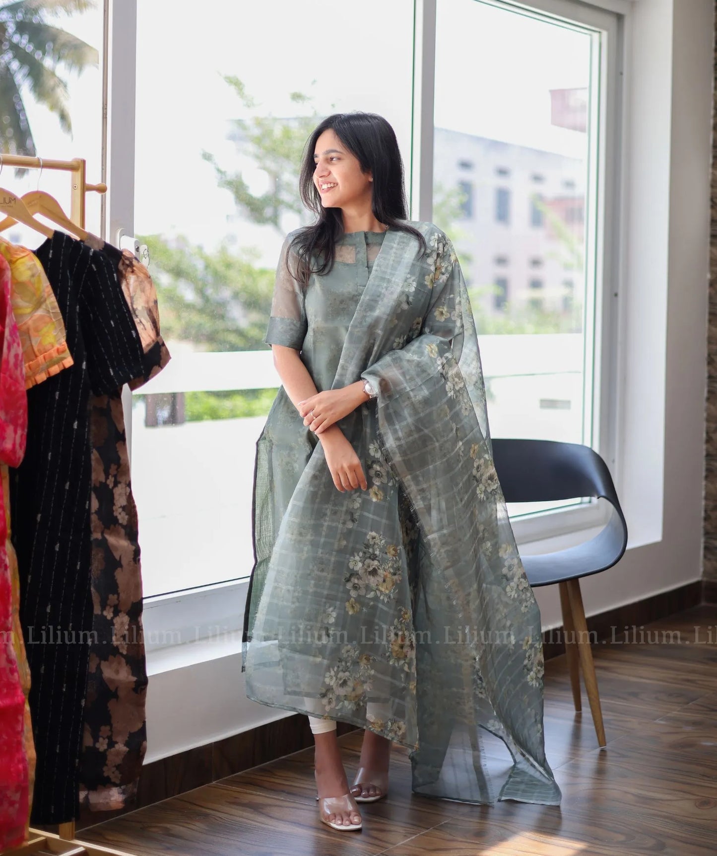 Olive Green Organza Kurti with Soft Floral Print with Shawl