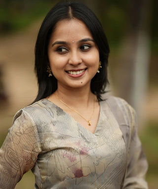 Mushroom Grey Tissue Silk 3-Piece Set – Festive Elegance