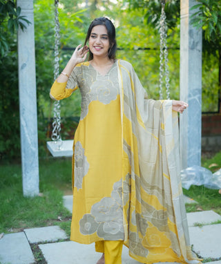 Yellow Blossom Muslin Silk 3-Piece Set with Embroidery