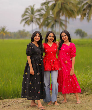 Rosé Pink Embroidered Blossom Maxi Dress in Mul Cotton