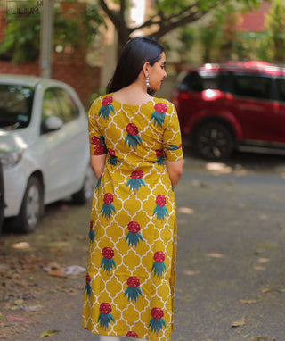 Marigold Mosaic Cotton Kurti with Elbow Sleeves – Everyday Comfort