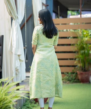 Lime Green Abstract A-Line Kurti in Rayon Cotton