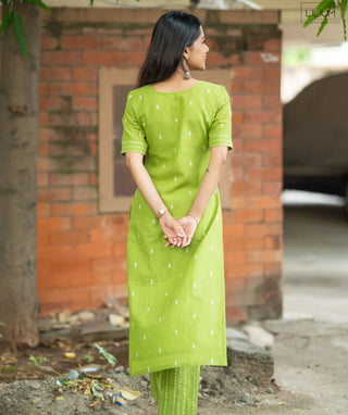 Lime Parrot Green Handloom Cotton Co-ords with Pockets