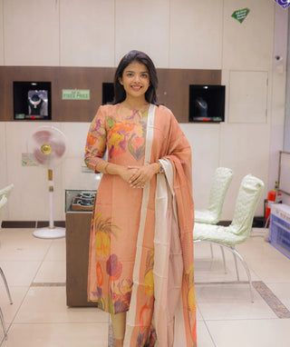 Peach Orange Kurti with Shawl – Floral Pure Muslin