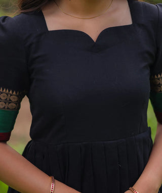 Midnight Noir Cotton Handloom Maxi with Temple Zari Border