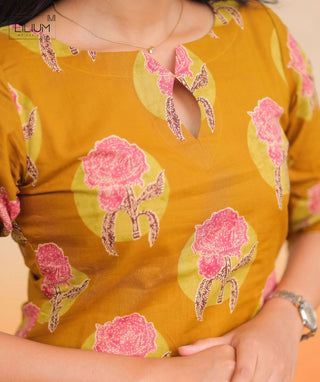 Golden Marigold Mustard Cotton Kurti | 3/4 Sleeve