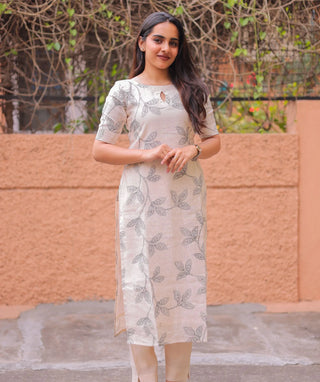 Ivory Sand Leaf Siberian Tussar Co-Ord Set with Pockets