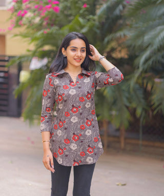Grey Handblock Cotton Short Top with Red Blossom