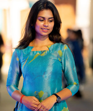 Aqua Marine Shimmer Tissue Kurti – Elegant Casual Wear
