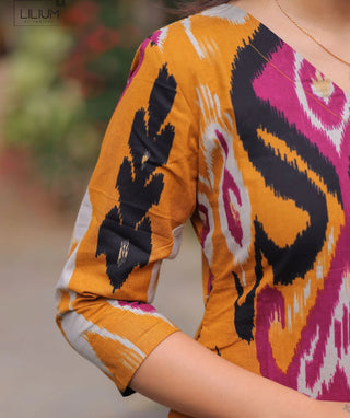 Amber Ikat Cotton A-Line Kurti with 3/4 Sleeves