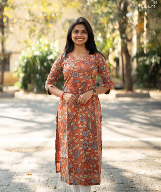 Coral Ember Kalamkari Print Cotton Ready-to-Wear Kurti