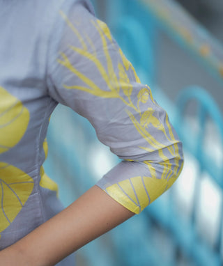 Elegant Grey Kurti with Yellow Floral Design - Pure Muslin