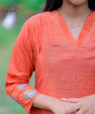 Elegant Orange Embroidered Kurti with Bottom - Festive Wear