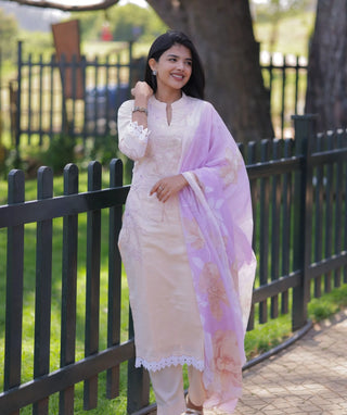 Ivory Blush Embroidered Cotton 3 Piece Festive Suit Set