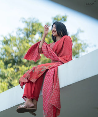 Terracotta Coral Bloom Hand Embroidered Muslin 3 Piece Set