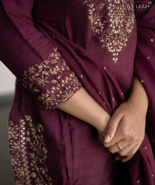 Royal Mulberry Wine Tussar Slub Silk 3 Piece Festive Set