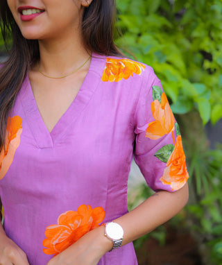 Lavender Muslin Kurti with Orange Corolla Print