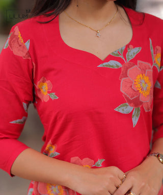 Hibiscus Flame Cotton Kurti with 3/4 Sleeves