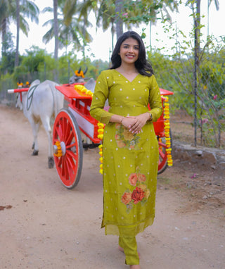 Spring Green Tissue Silk 3-Piece Festive Set with Embroidery