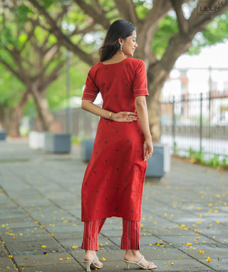Garnet Red Cotton Handloom Coord Dress - Casual Wear