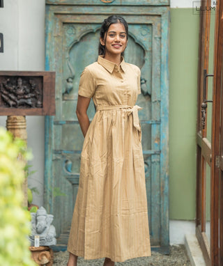 Cotton Maxi Dress in Stone Beige Lines with Pockets