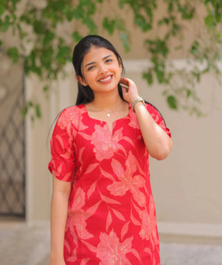 Scarlet Bloom Red Foil Crush Crepe Kurti – Festive Chic