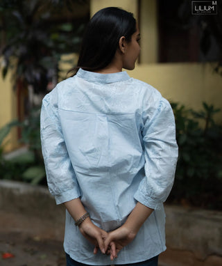 Ice Blue Blossom Cotton Embroidered Short Top