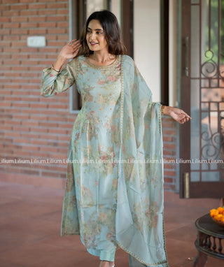 Pastel Green Tussar Silk 3-Piece Set with Embroidery