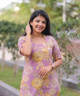 Lilac Golden Mist Cotton Kurti with Elbow Sleeves