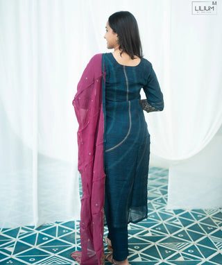 Midnight Peacock Blue Embroidered Organza 3 Piece Set