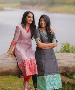 Midnight Aqua Grid Hand Embroidered Banaras Silk Kurti