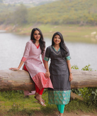 Midnight Aqua Grid Hand Embroidered Banaras Silk Kurti