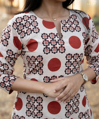 Ivory Sindoor Mosaic Cotton A-Line Kurti with Pockets
