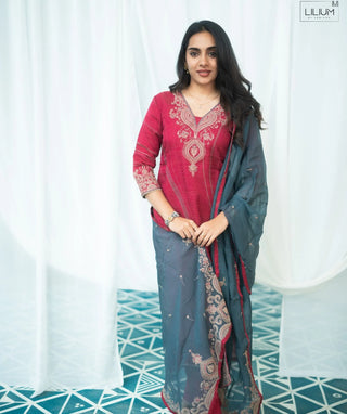 Royal Garnet Embroidered Muslin Organza 3 Piece Set
