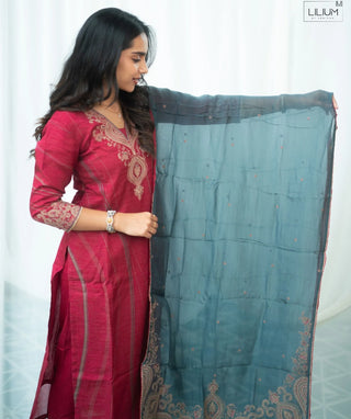 Royal Garnet Embroidered Muslin Organza 3 Piece Set
